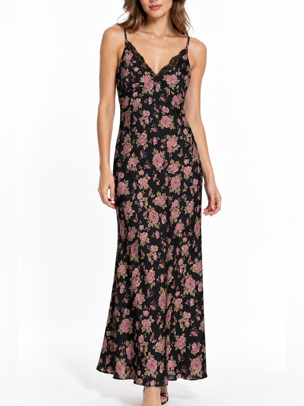 Zara Black Rose Floral Satin Maxi Slip Dress XS Lace Trim Dark Coquette Y2K